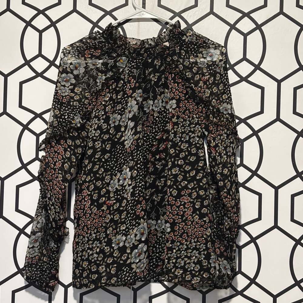 LOFT Women's Black Floral Ruffle Mock Neck Long Sleeve Blouse XSmall